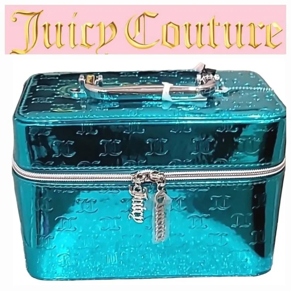 Juicy Couture JC Logo Metallic Cosmetic Traincase w/Brush Holder- Aqua